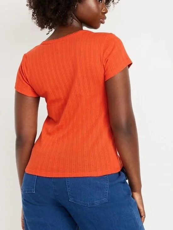 Pointelle Lace Trim Ribbed Tee - Picture 2 of 2